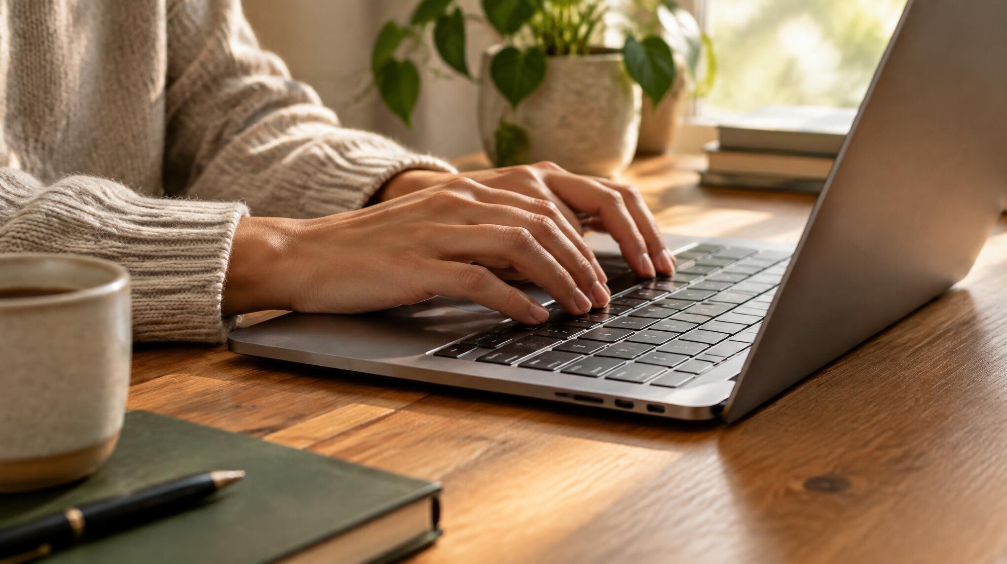 Hands typing on a laptop at a wooden desk
