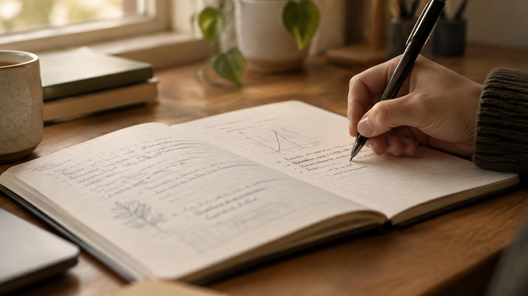 Hand writing notes in an open notebook on a wooden desk