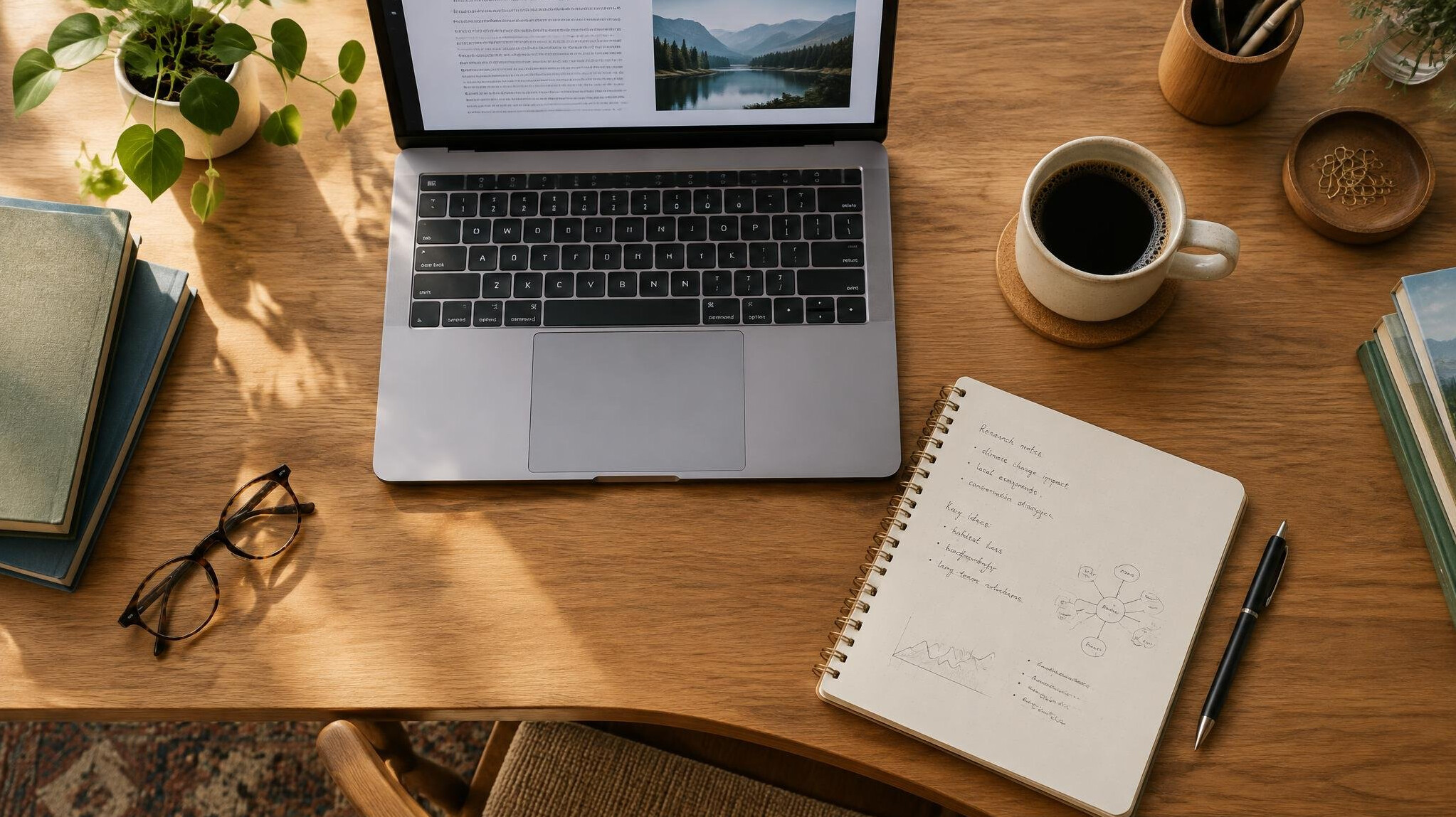 Laptop and coffee on a tidy wooden desk with notes