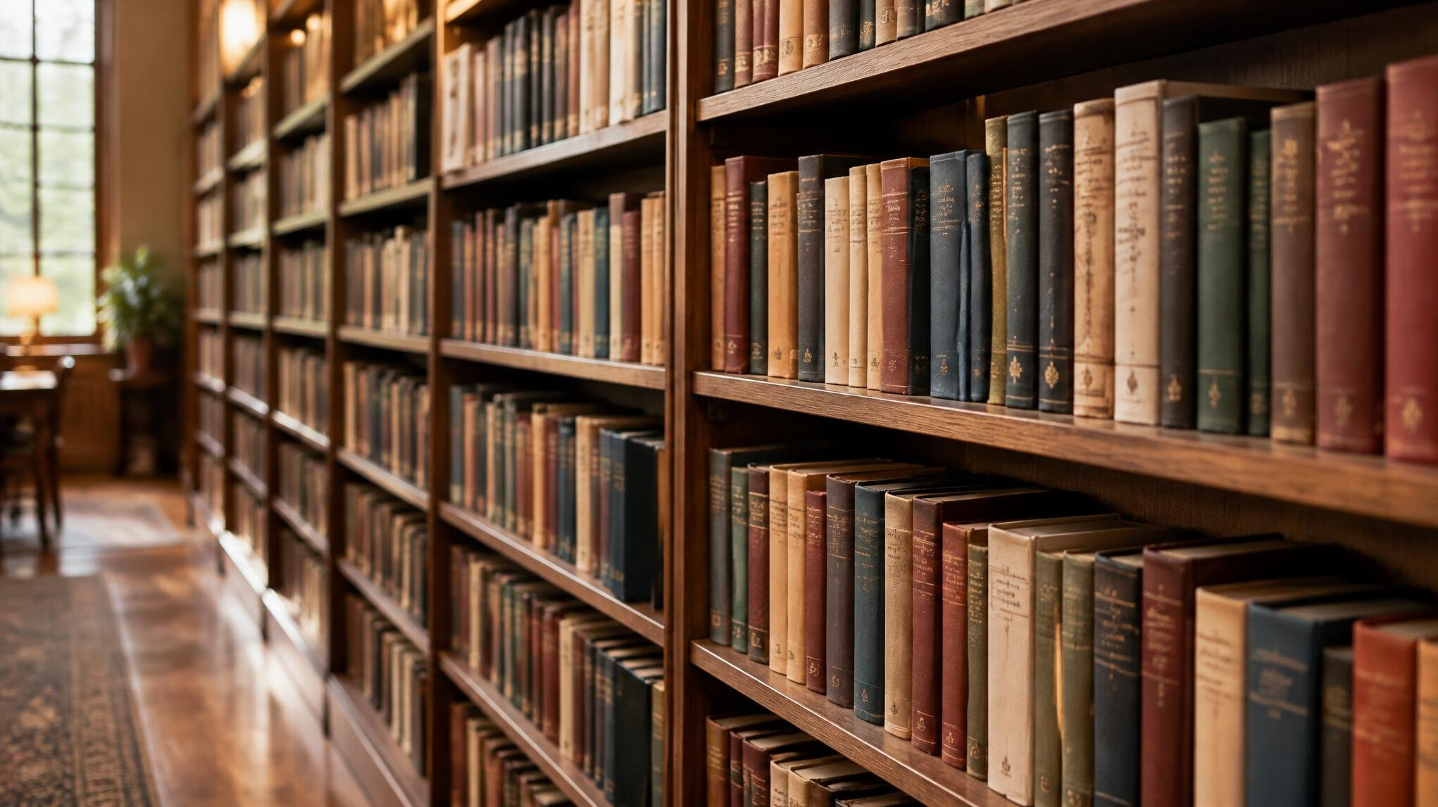 Rows of books on a library shelf