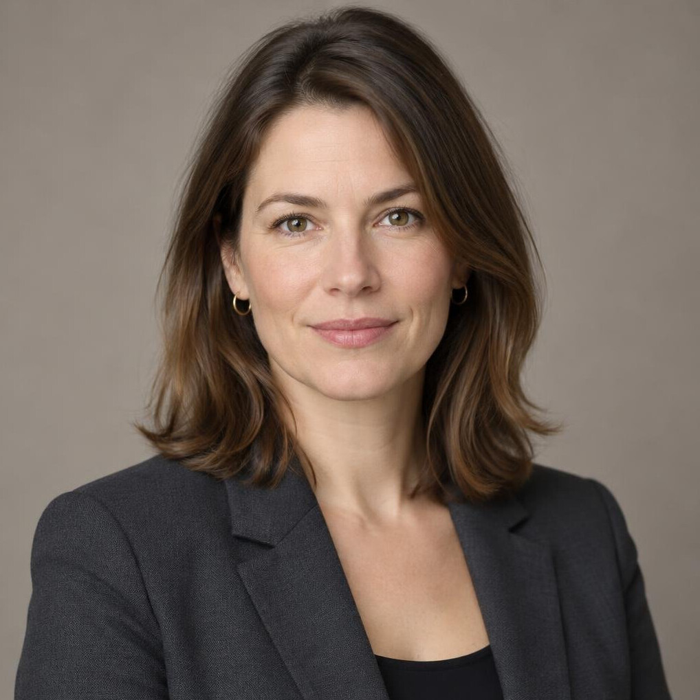 Portrait of a woman researcher with dark hair in a neutral studio