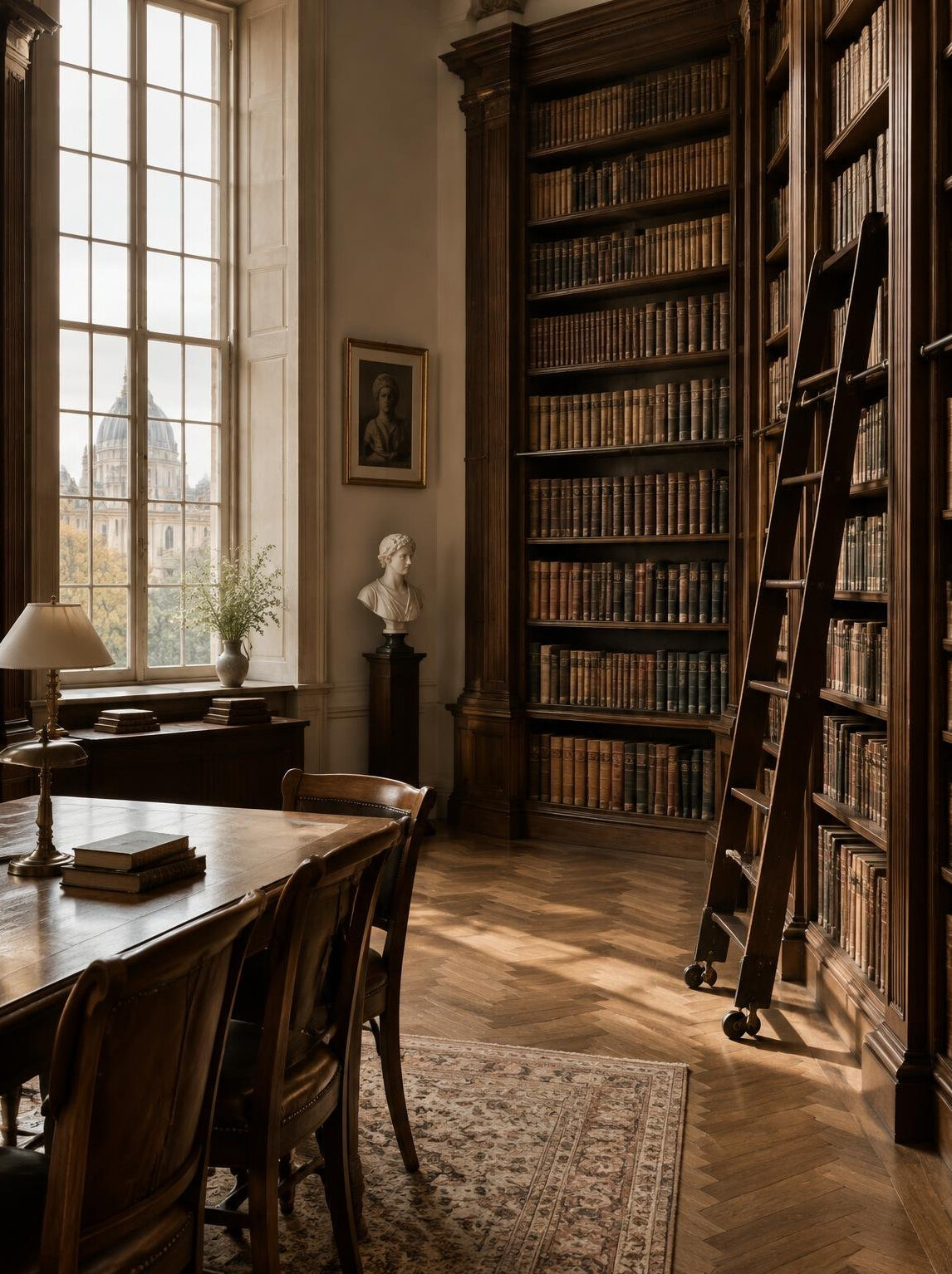 Quiet library interior with tall wooden shelves and warm light