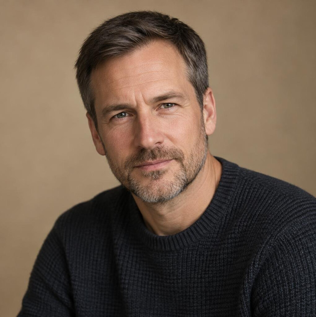 Portrait of a man with short hair and a beard in a neutral studio
