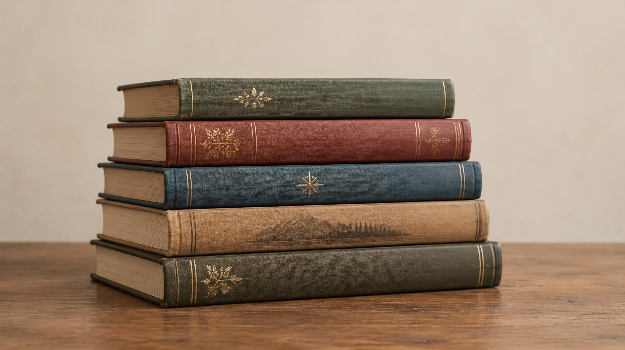 Stack of old books on a table in soft light