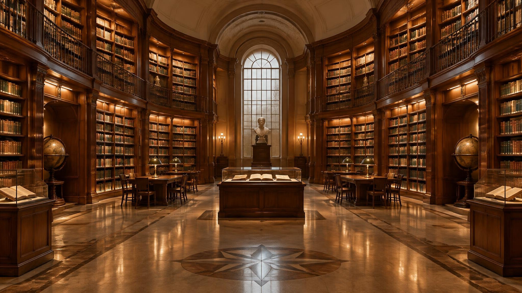 Grand library hall with curved bookshelves